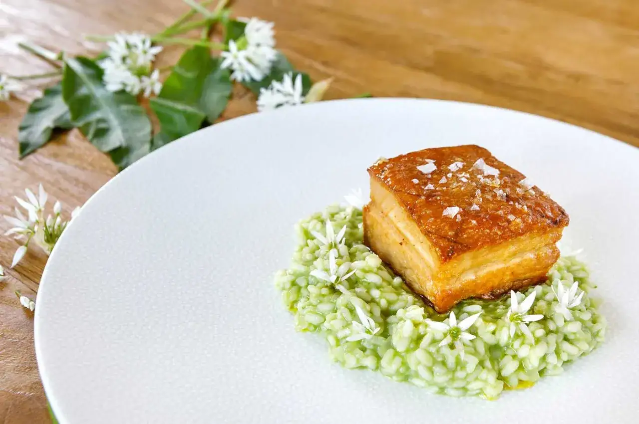 A perfectly cooked Iberico pork belly recipe, glistening with sea salt, sits atop a vibrant green risotto, garnished with delicate white blossoms.