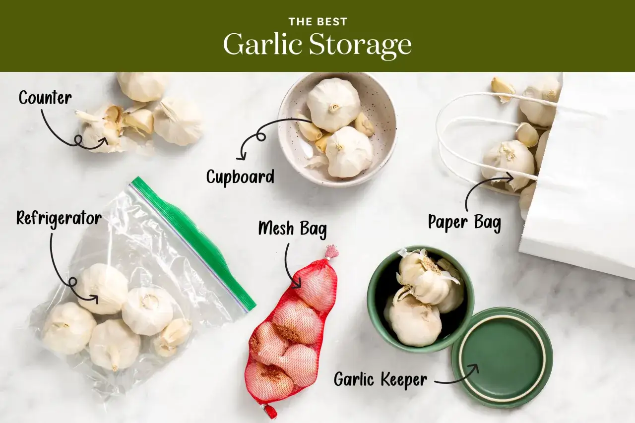 Learn how to store garlic using various methods: on the counter, in a cupboard, refrigerator, mesh bag, paper bag, or a garlic keeper.