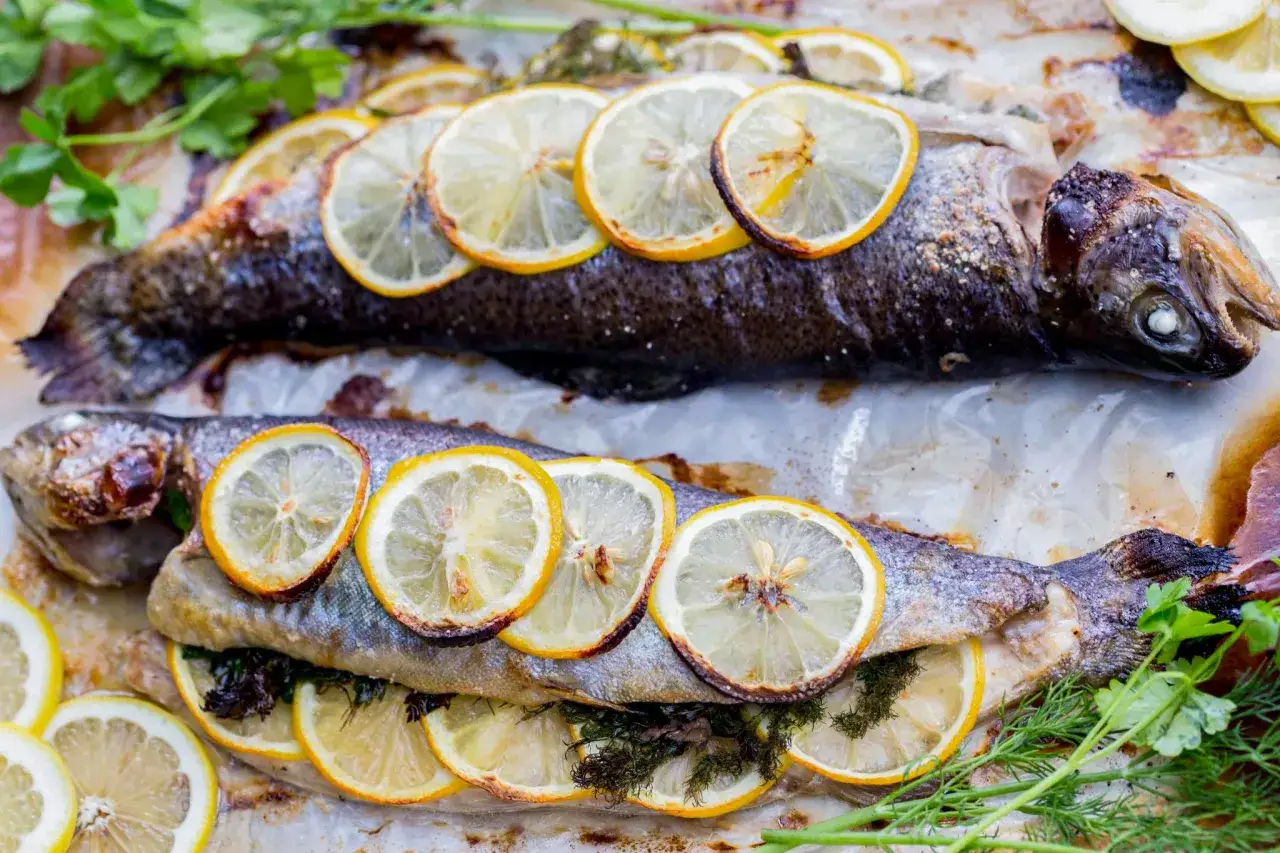 Two whole broiled trout, seasoned and topped with lemon slices and fresh herbs, ready to be enjoyed.