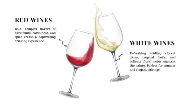 Two wine glasses, one with red wine and one with white wine, are shown. Zinfandel is a red wine.