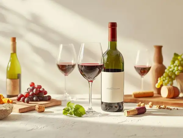 A bottle of low tannin red wine stands with two glasses, grapes, and corks.