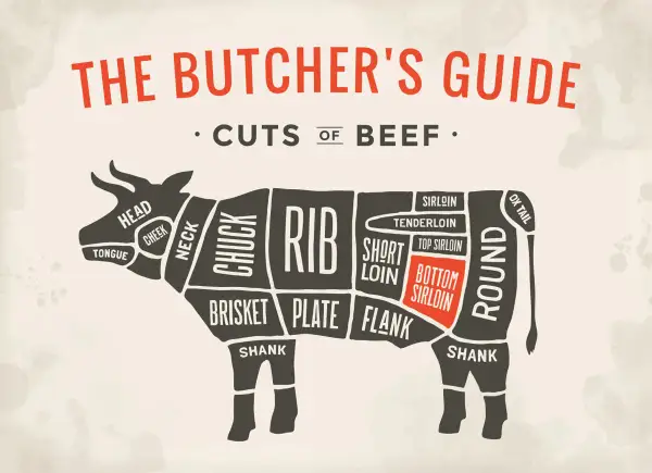 Butcher's guide to beef cuts, highlighting the sirloin tip in Spanish, also known as "solomillo de cadera.