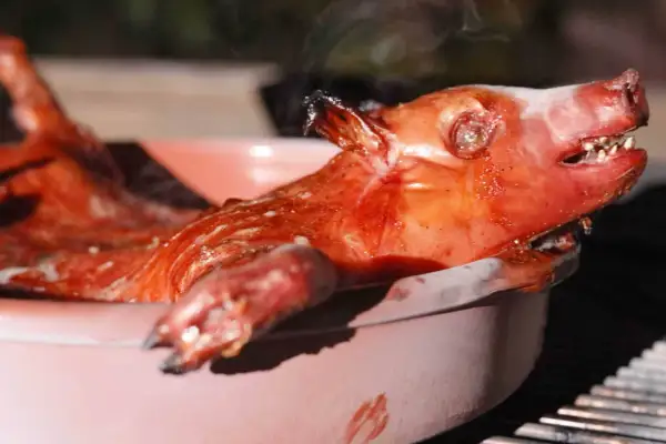 A perfectly roasted Spanish cochinillo, glistening and steaming, rests in a pink ceramic dish.