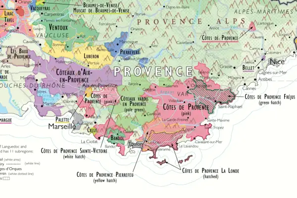 A french wine regions map showing Provence, with areas like Côtes de Provence, Ventoux, and Luberon.