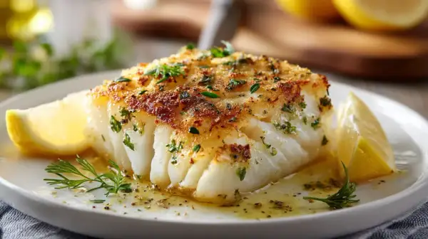 A perfectly cooked cod fillet, golden brown and flaky, served with lemon wedges and fresh herbs. This is how to cook cod for a delicious meal.