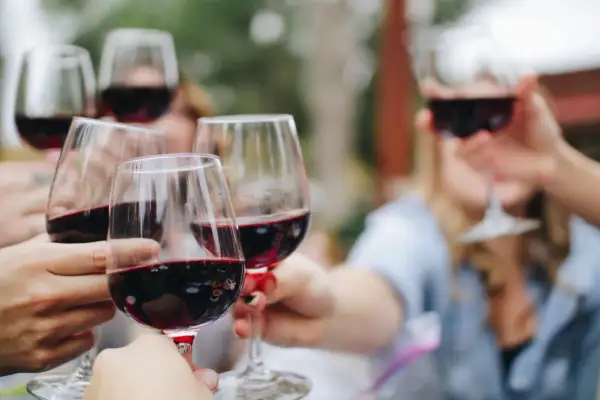 Friends clink glasses filled with rich red crianza wine, celebrating a special moment outdoors.