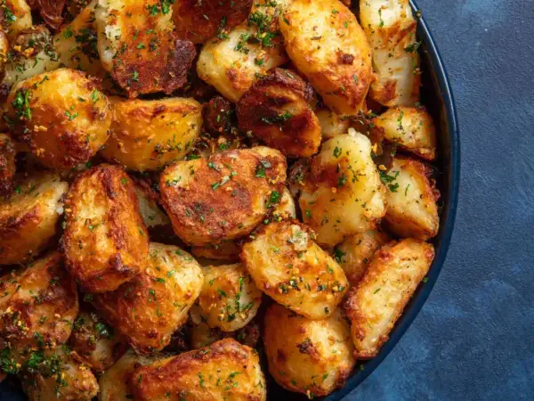 Crispy, golden-brown roasted new potatoes, seasoned with herbs and spices, piled high in a dark blue bowl.