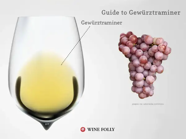 A glass of yellow Gewürztraminer wine next to a bunch of pink grapes. Perfect for exploring Gewürztraminer pairing.