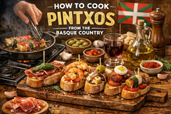 A spread of Basque pintxos, including morcilla pintxos, with ingredients and a Basque flag.