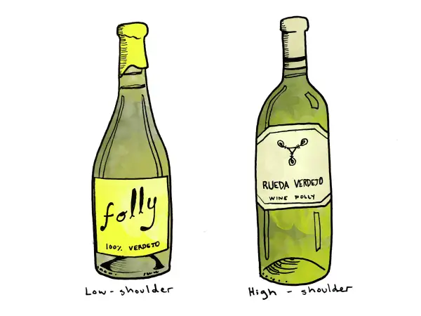 Two bottles of verdejo wine, one with a low shoulder and a yellow label, the other with a high shoulder and a white label.