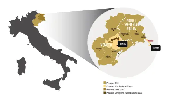 Map of Italy highlighting the Veneto and Friuli Venezia Giulia regions, showing where Prosecco is from, with Treviso and Trieste marked.