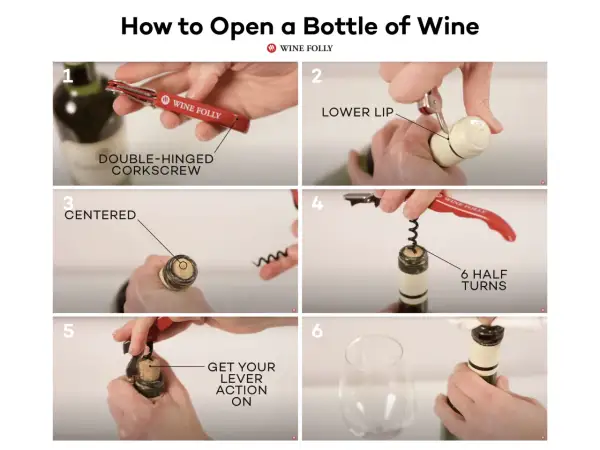 Step-by-step guide on how to open a wine bottle using a double-hinged corkscrew. Learn to remove the foil, insert the corkscrew, and extract the cork.