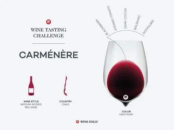 A wine tasting challenge graphic for Carménère, a medium-bodied Chilean red wine with deep ruby color and notes of blackberry, stewed tomato, dark cocoa, balsamic, and potpourri.