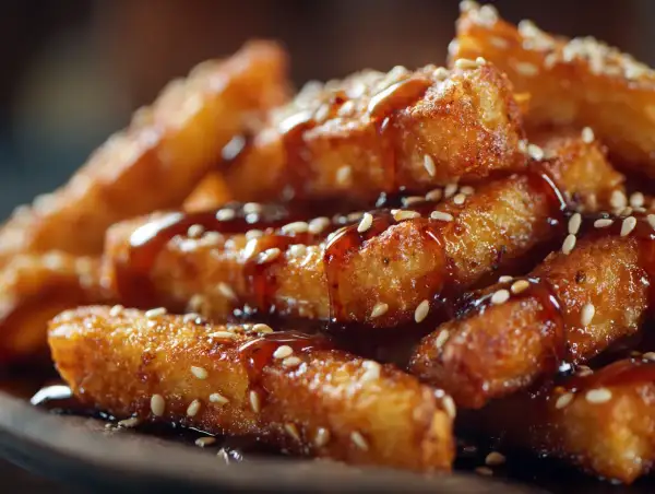 Crispy fried eggplant sticks, drizzled with sweet honey glaze and sprinkled with sesame seeds. A delicious take on berenjenas con miel.
