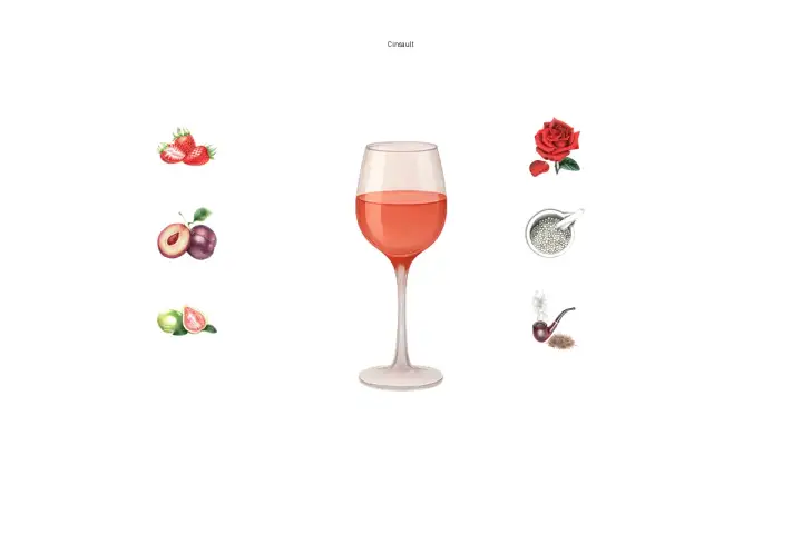 A glass of cinsault wine, with strawberries, plums, guava, a rose, peppercorns, and a pipe.